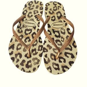 Havaianas Slim Rose Gold Leopard Flip Flops Thong Sandals 7/8